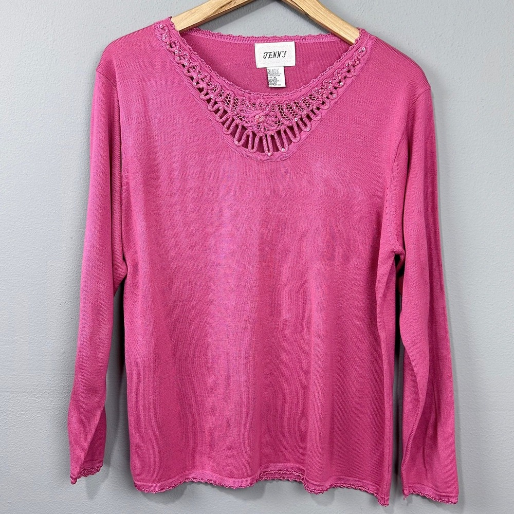 Vintage 80s Jenny Slinky Knit Sweater Size XL Beaded Crochet Pink Granny Glam